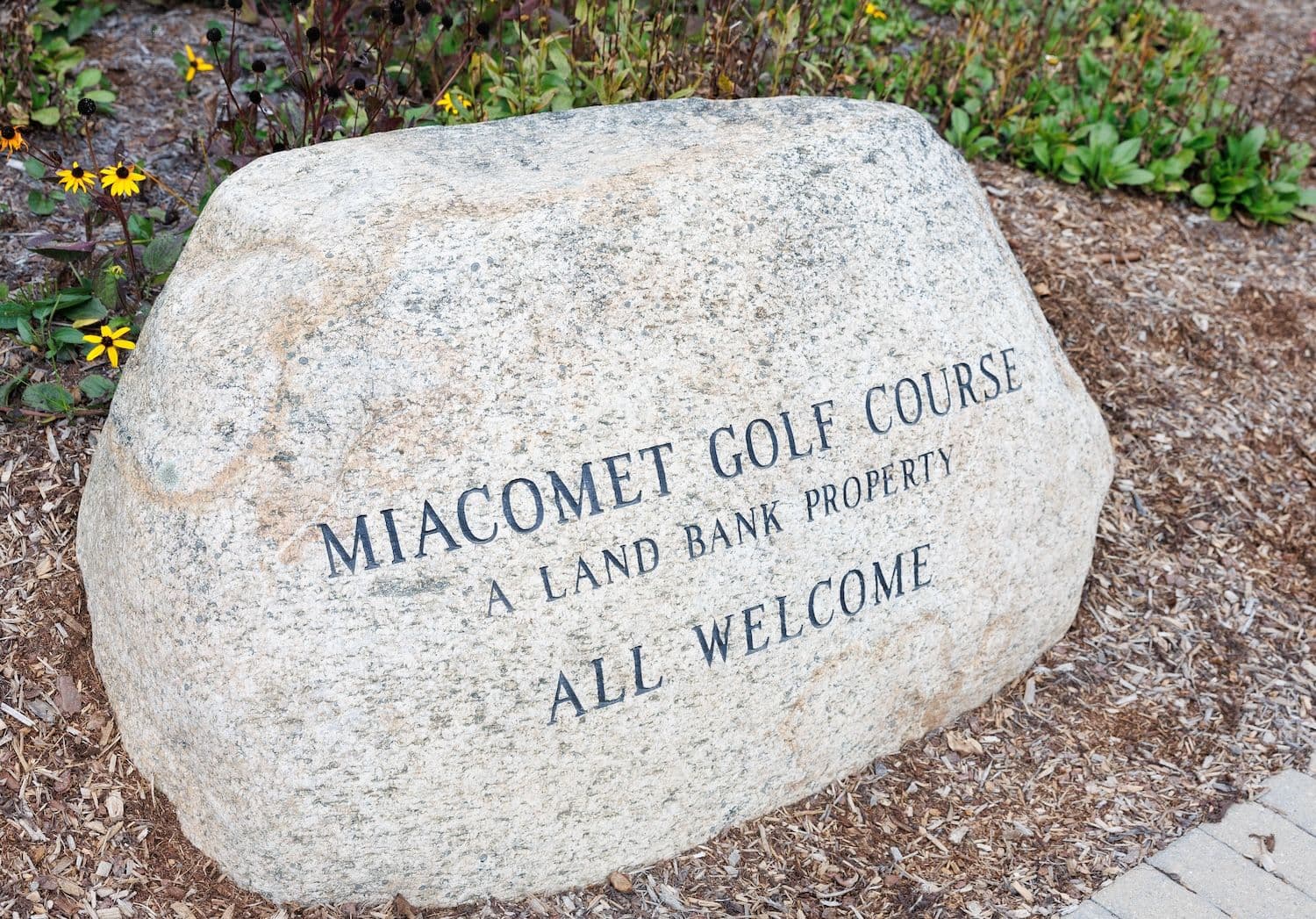 Engraved rock at Miacomet Golf Course.