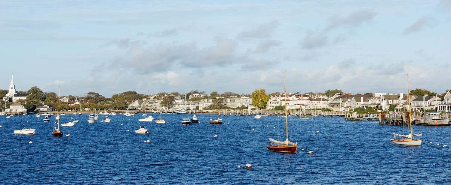 Ariel view of boats in Nantucket Harbor.